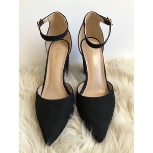 Pointed toe ankle strap black heels